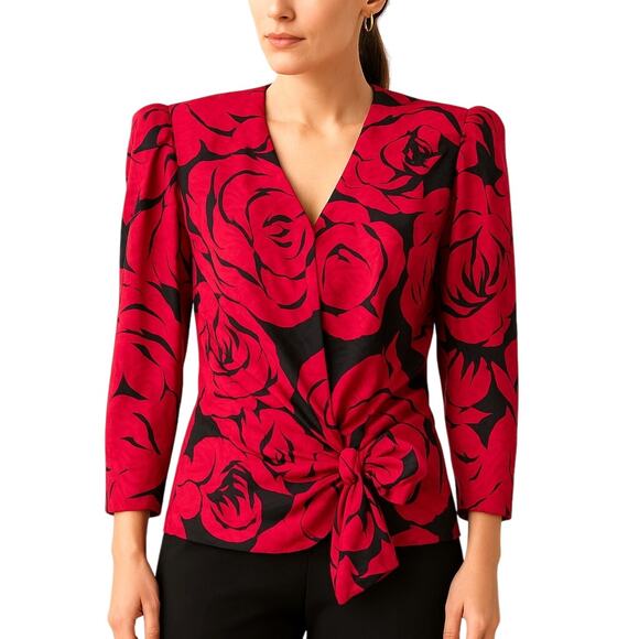 Silks by St. Gillian 80's 100% Silk Top with Bow, Size 8, Vintage Core, Red Rose - Picture 1 of 8